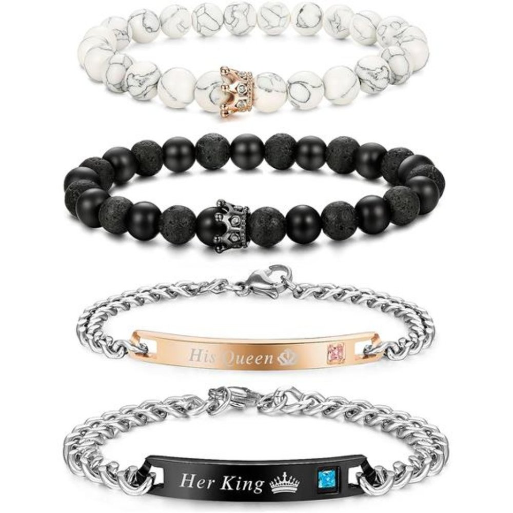4 Pcs Couples Bracelet for Men Women His & Her Crown Queen Bracelets Set 8mm